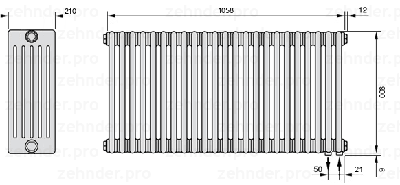 Схема (чертеж) Радиатор Zehnder Charleston 6090/23 №5510 Белый глянцевый RAL 9016